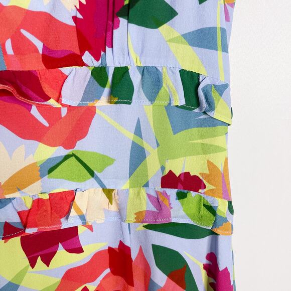 Nicole Miller Small Blue Pink Floral Oasis Silk Ruffle Midi Dress VNeck Cocktail - Picture 5 of 12